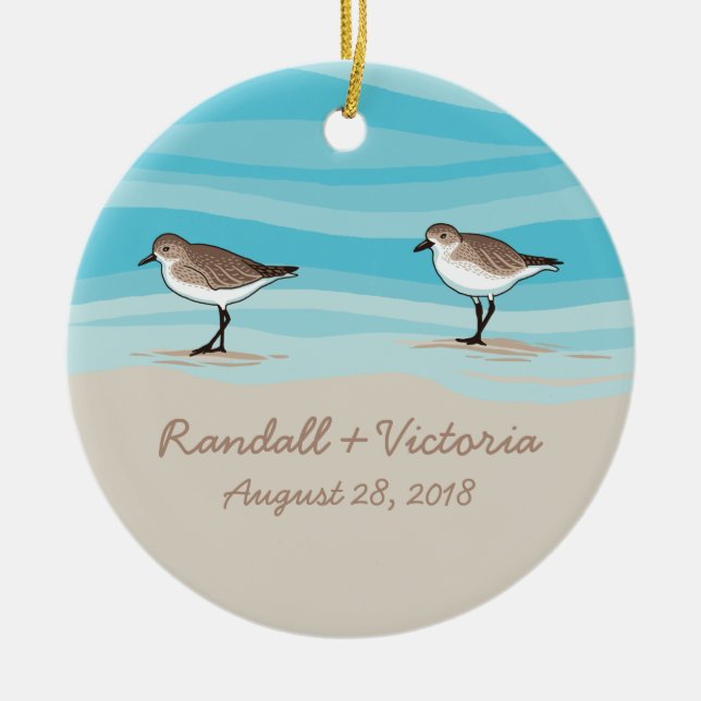 Sandpipers on Beach Wedding Date Names in Sand Ceramic Tree Decoration (Front)