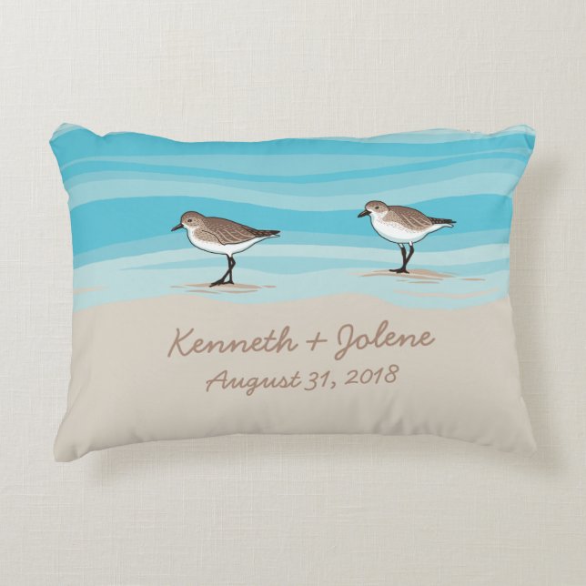 Sandpipers on Beach Wedding Date Names in Sand Decorative Cushion (Front)