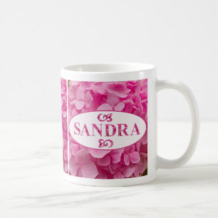 "Sandra" in Elegant Pink Hydrangea Flower Letters Coffee Mug