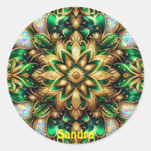 SANDRA ~ SHINY Green and Gold Christmas ~ Classic Round Sticker