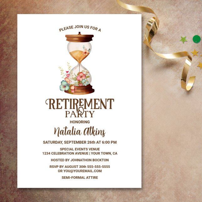Sands of Time Floral Hourglass Retirement Invitation (Creator Uploaded)