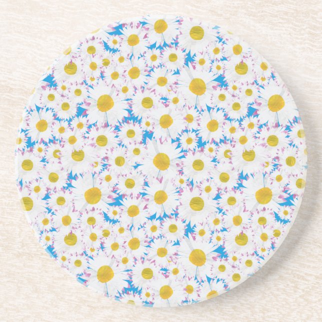 Sandstone Coaster: Ditzy White Daisies on Blue Coaster (Front)
