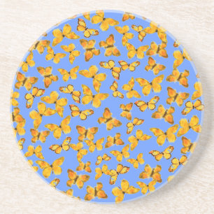 Sandstone Coaster, Golden Butterflies on Blue Coaster