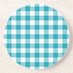 Sandstone Coaster, Teal Check Gingham Pattern Coaster