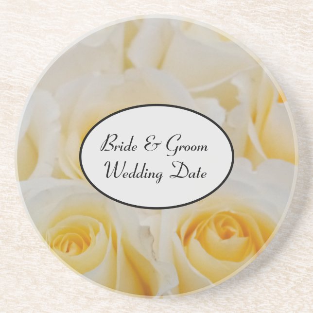 Sandstone Coaster White Roses Bride Groom Date (Front)