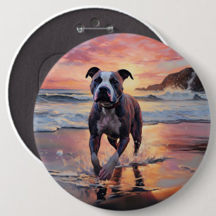 Sandy American Staffordshire Dog on Beach Sunset 6 Cm Round Badge