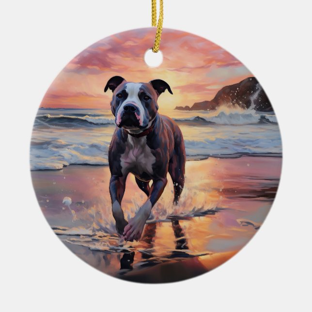 Sandy American Staffordshire Dog on Beach Sunset Ceramic Ornament (Front)