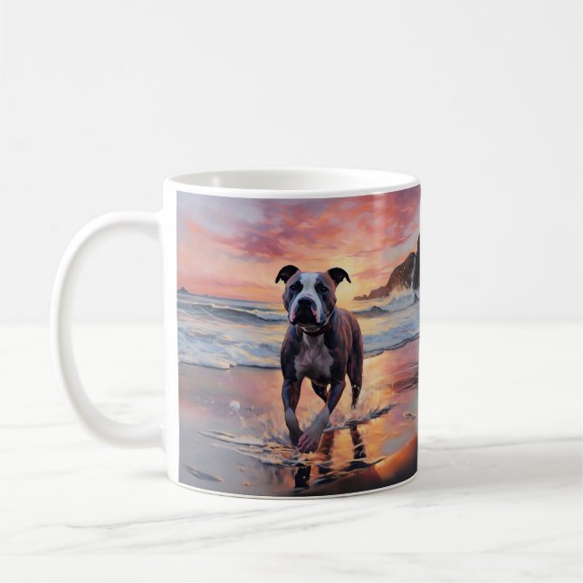 Sandy American Staffordshire Dog on Beach Sunset Coffee Mug (Left)