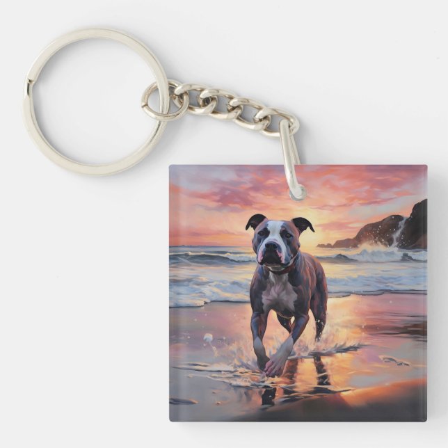 Sandy American Staffordshire Dog on Beach Sunset Key Ring (Front)
