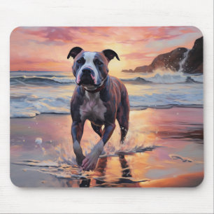 Sandy American Staffordshire Dog on Beach Sunset Mouse Pad