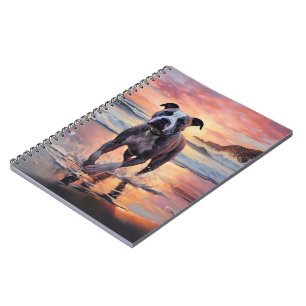 Sandy American Staffordshire Dog on Beach Sunset Notebook