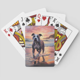 Sandy American Staffordshire Dog on Beach Sunset Playing Cards
