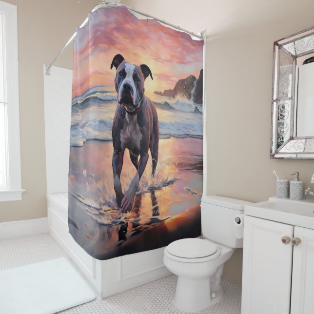 Sandy American Staffordshire Dog on Beach Sunset Shower Curtain (In Situ)