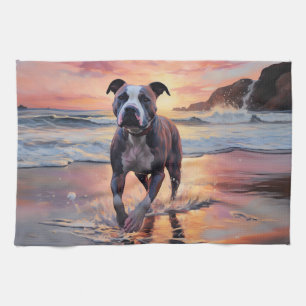 Sandy American Staffordshire Dog on Beach Sunset Tea Towel
