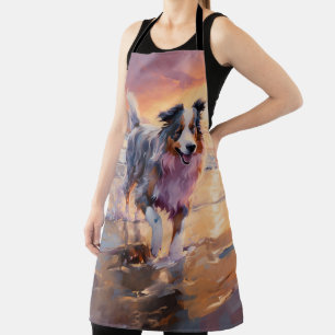 Sandy Australian Shepherd Dog on Beach Sunset  Apron