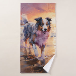 Sandy Australian Shepherd Dog on Beach Sunset Bath Towel Set