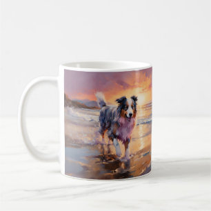 Sandy Australian Shepherd Dog on Beach Sunset  Coffee Mug