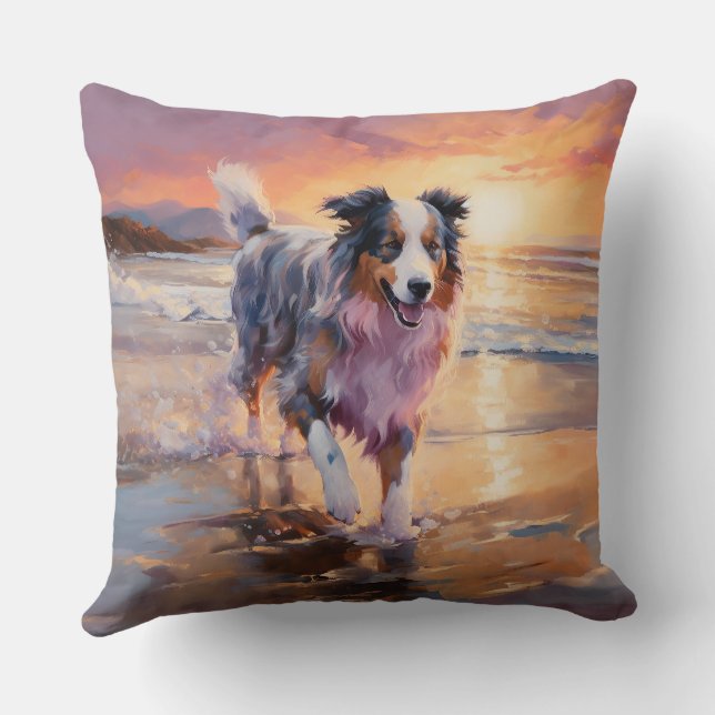Sandy Australian Shepherd Dog on Beach Sunset  Cushion (Back)