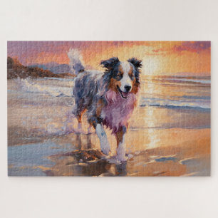 Sandy Australian Shepherd Dog on Beach Sunset  Jigsaw Puzzle