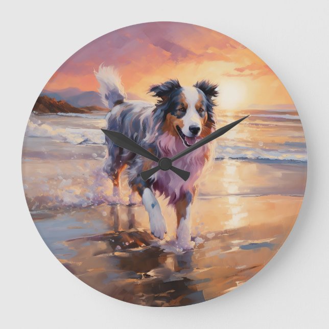 Sandy Australian Shepherd Dog on Beach Sunset  Large Clock (Front)