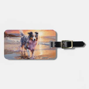 Sandy Australian Shepherd Dog on Beach Sunset Luggage Tag