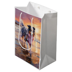 Sandy Australian Shepherd Dog on Beach Sunset  Medium Gift Bag