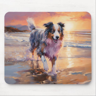 Sandy Australian Shepherd Dog on Beach Sunset  Mouse Pad