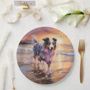 Sandy Australian Shepherd Dog on Beach Sunset  Paper Plate