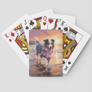 Sandy Australian Shepherd Dog on Beach Sunset Playing Cards