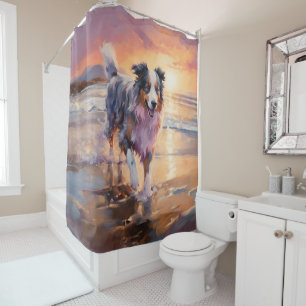Sandy Australian Shepherd Dog on Beach Sunset  Shower Curtain