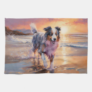 Sandy Australian Shepherd Dog on Beach Sunset  Tea Towel