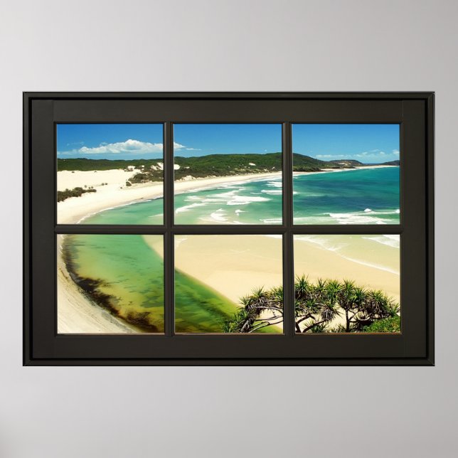 Sandy Beach Black Frame Faux Window Illusion Poster (Front)