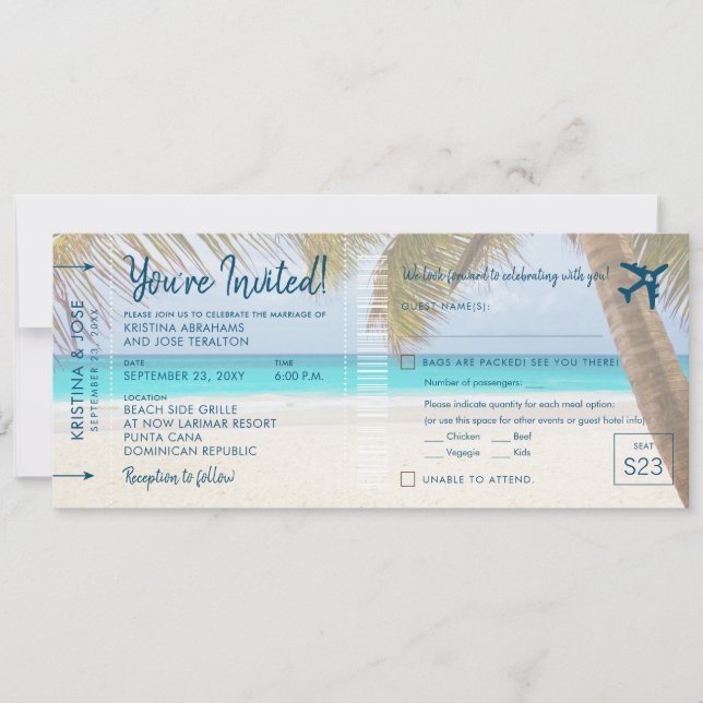 Sandy Beach Boarding Pass Wedding Invite with RSVP (Front)