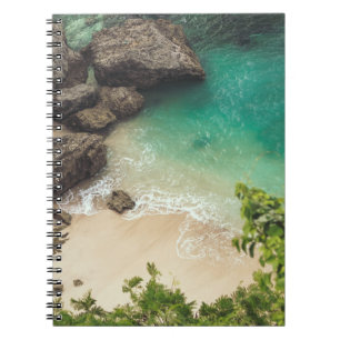 Sandy Beach Cove with Green Trees, Rocks & Ocean Notebook