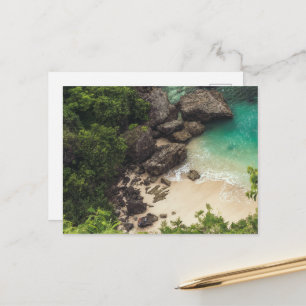 Sandy Beach Cove with Green Trees, Rocks & Ocean Postcard
