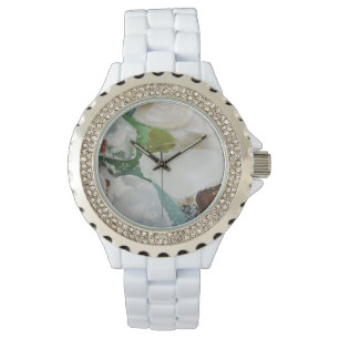 Sandy Beach Glass Custom Rhinestone White Enamel Watch