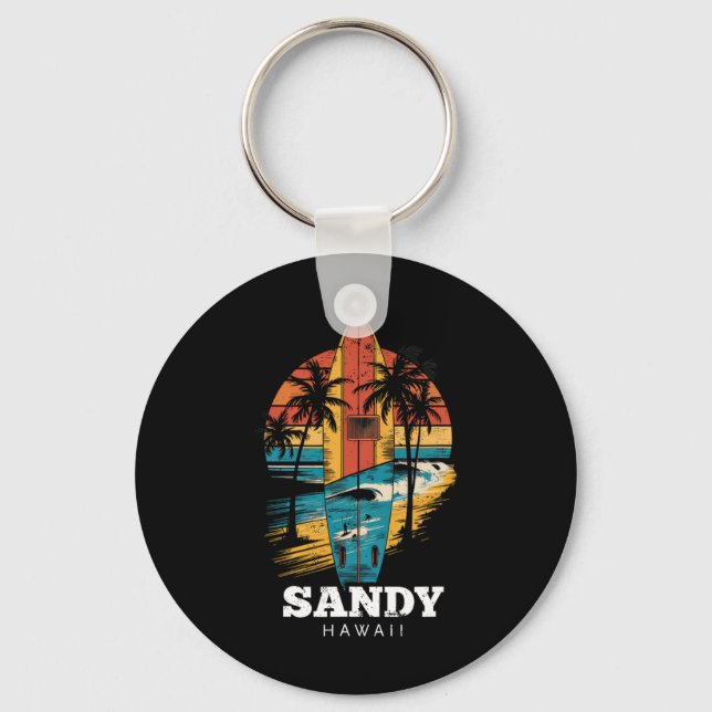 Sandy Beach Hawaii Surfboard Surfing Retro  Key Ring (Front)