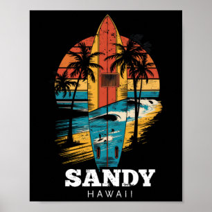 Sandy Beach Hawaii Surfboard Surfing Retro Poster