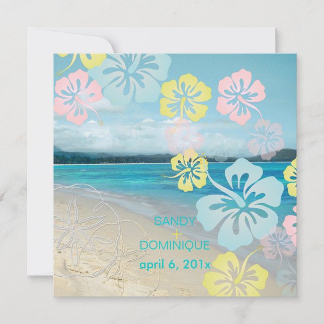 Sandy beach/hibiscus destination wedding invitation (Front)