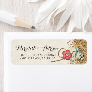 Sandy Beach Hibiscus & Shells Wedding Address Return Address Label