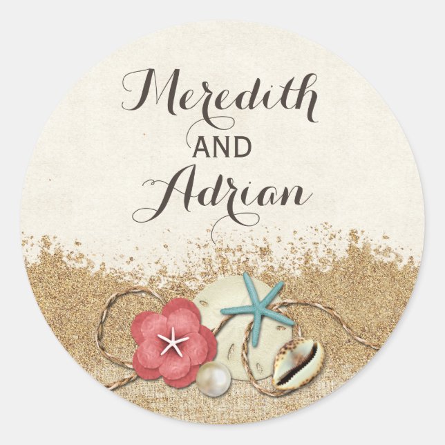 Sandy Beach Hibiscus & Shells Wedding Personalised Classic Round Sticker (Front)
