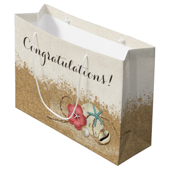 Sandy Beach Hibiscus & Shells Wedding Personalised Large Gift Bag (Front Angled)