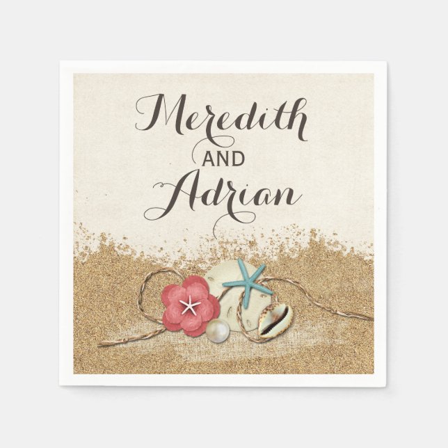 Sandy Beach Hibiscus & Shells Wedding Personalised Napkin (Front)