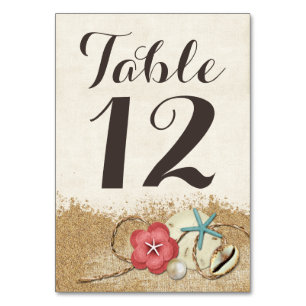 Sandy Beach Hibiscus & Shells Wedding Table Number