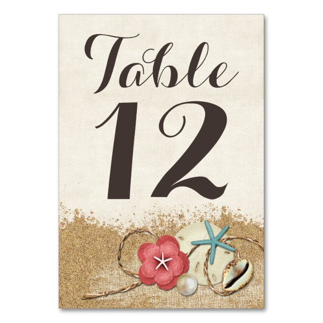 Sandy Beach Hibiscus & Shells Wedding Table Number (Front)