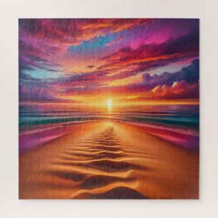 Sandy Beach Leading to a Vibrant Sunset Jigsaw Puzzle