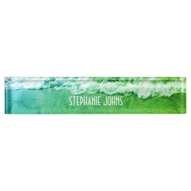 Sandy Beach Ocean Green Abstract Custom Name Cute Nameplate (Front)