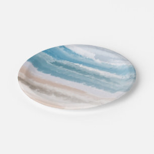 Sandy Beach Ocean Waves Abstract Watercolor Paper Plate