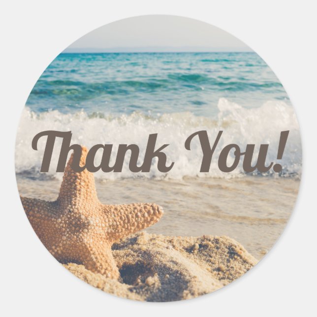 Sandy Beach Ocean Waves Starfish Thank You Classic Round Sticker (Front)