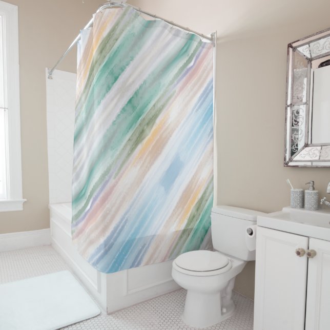 Sandy Beach Ocean Waves Sunset Abstract Watercolor Shower Curtain (In Situ)